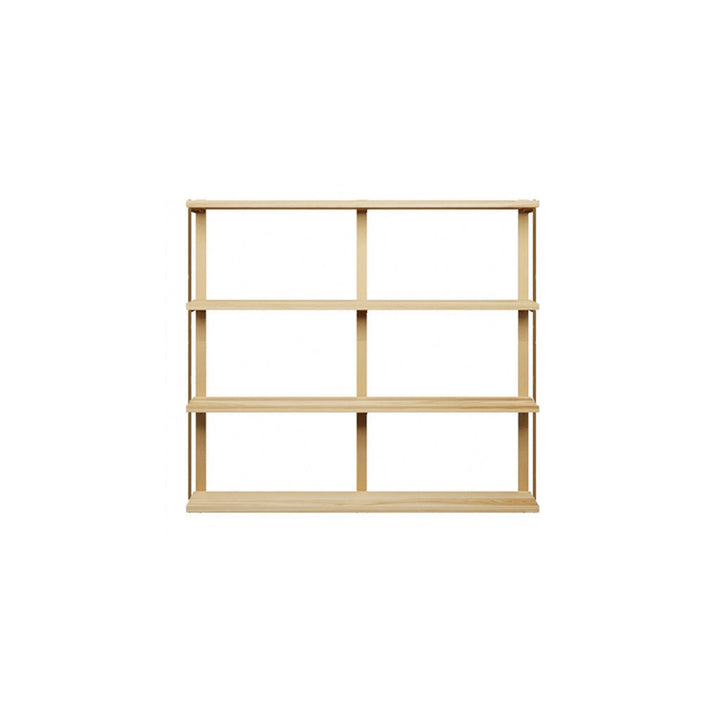 wall mount shelving unit. 4 shelf unit. heavy-duty wall mounted shelving unit. custom bookshelves in ash shelves with brass shelf brackets. 48" long shelves with 3 wall brackets by Vault FUrniture