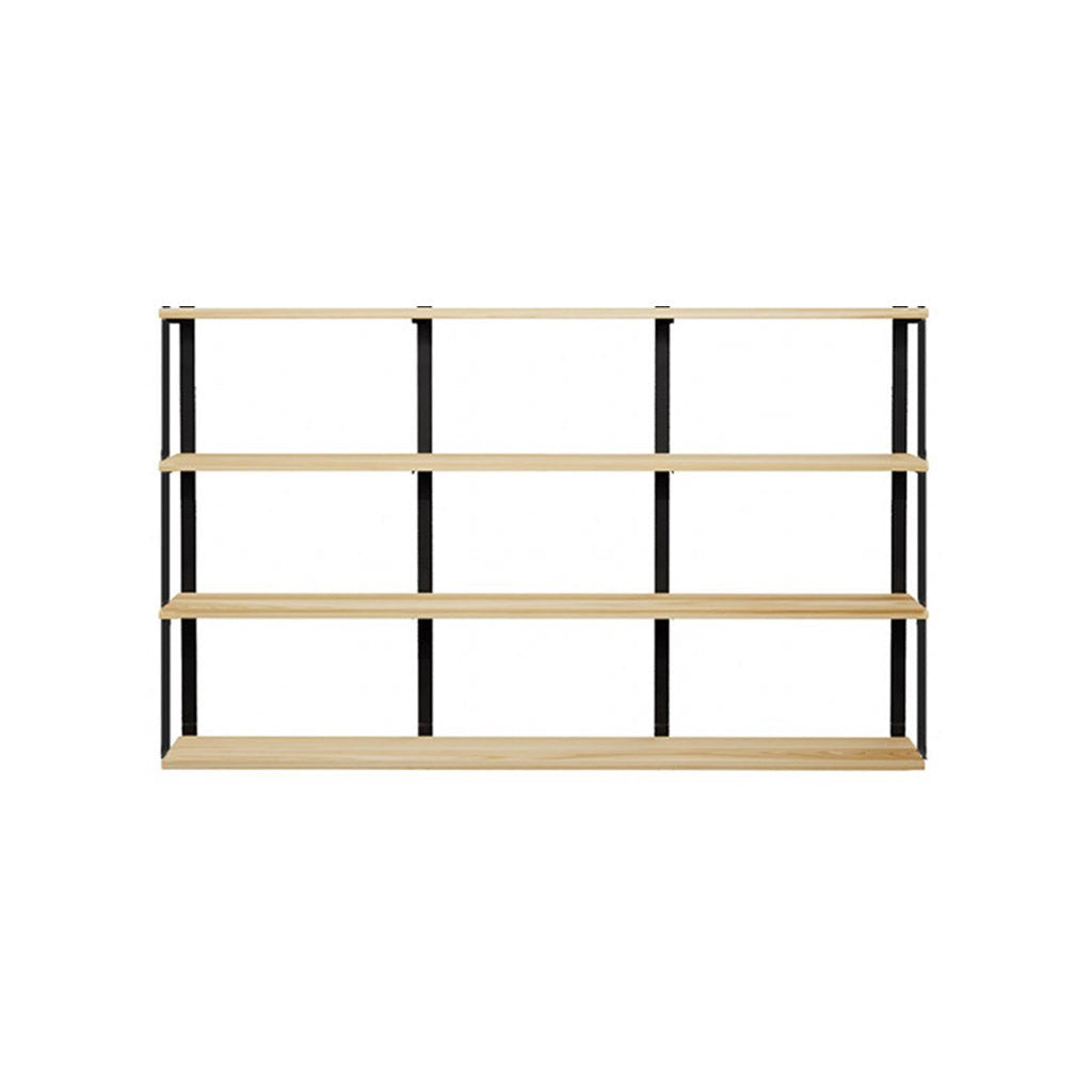 wall mount shelving unit with 4 shelves. Heavy-duty custom bookshelves with solid ash shelves and black shelf brackets. 72" long shelves with 4 wall brackets by Vault FUrniture