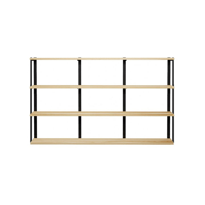 wall mount shelving unit with 4 shelves. Heavy-duty custom bookshelves with solid ash shelves and black shelf brackets. 72" long shelves with 4 wall brackets by Vault FUrniture