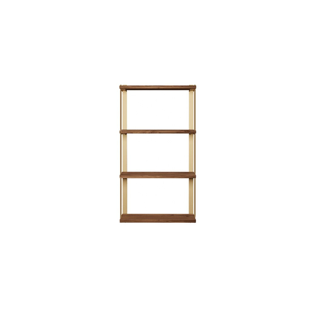 heavy-duty wall mounted shelving unit. four shelf unit custom bookshelves in black walnut with brass shelf brackets. 24" long shelves with 2 wall brackets by Vault FUrniture