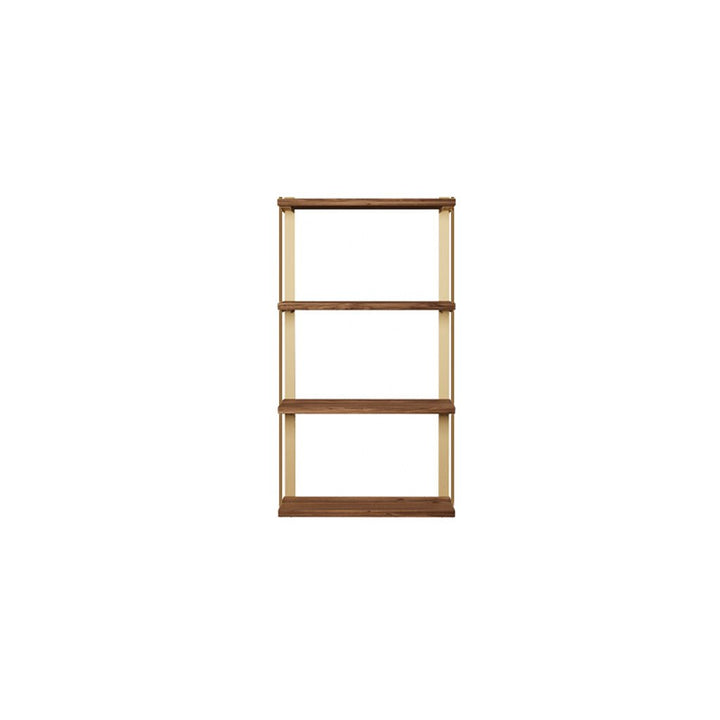 heavy-duty wall mounted shelving unit. four shelf unit custom bookshelves in black walnut with brass shelf brackets. 24" long shelves with 2 wall brackets by Vault FUrniture
