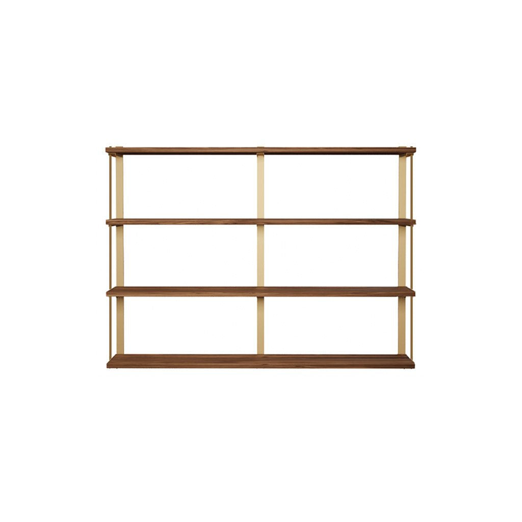 wall mount shelving unit with 4 shelves. Heavy-duty custom bookshelves with solid black walnut shelves and brass shelf brackets. 60" long shelves with 3 wall brackets by Vault FUrniture