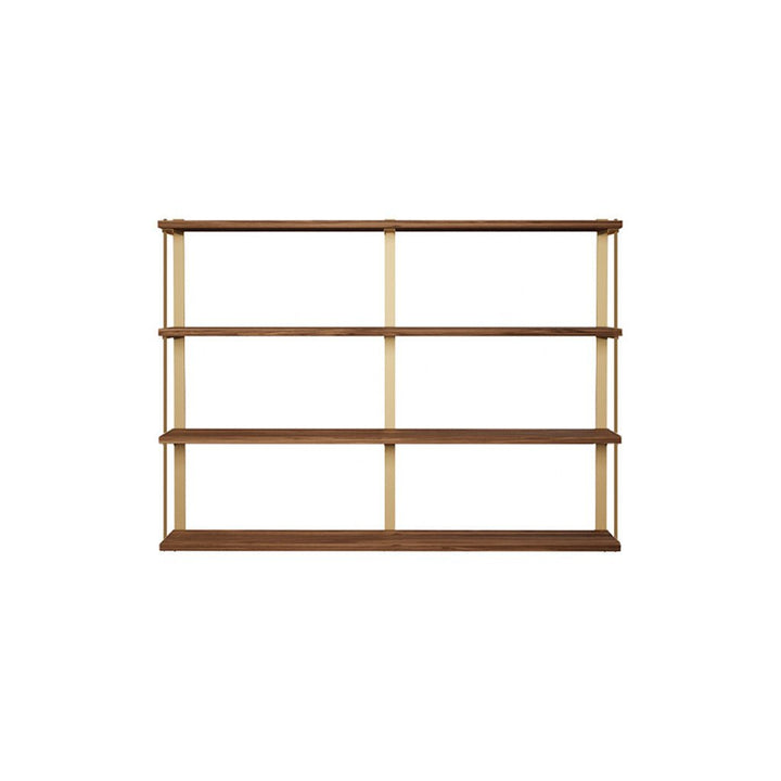wall mount shelving unit with 4 shelves. Heavy-duty custom bookshelves with solid black walnut shelves and brass shelf brackets. 60" long shelves with 3 wall brackets by Vault FUrniture