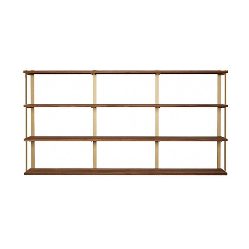 wall mount shelving unit with 4 shelves. Heavy-duty custom bookshelves with solid black walnut shelves and brass shelf brackets. 84" long shelves with 4 wall brackets by Vault FUrniture
