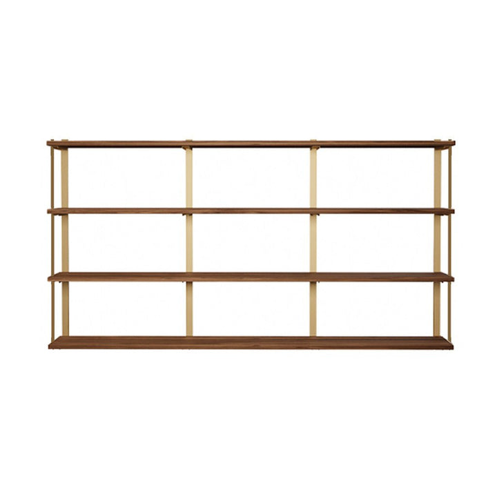 wall mount shelving unit with 4 shelves. Heavy-duty custom bookshelves with solid black walnut shelves and brass shelf brackets. 84" long shelves with 4 wall brackets by Vault FUrniture
