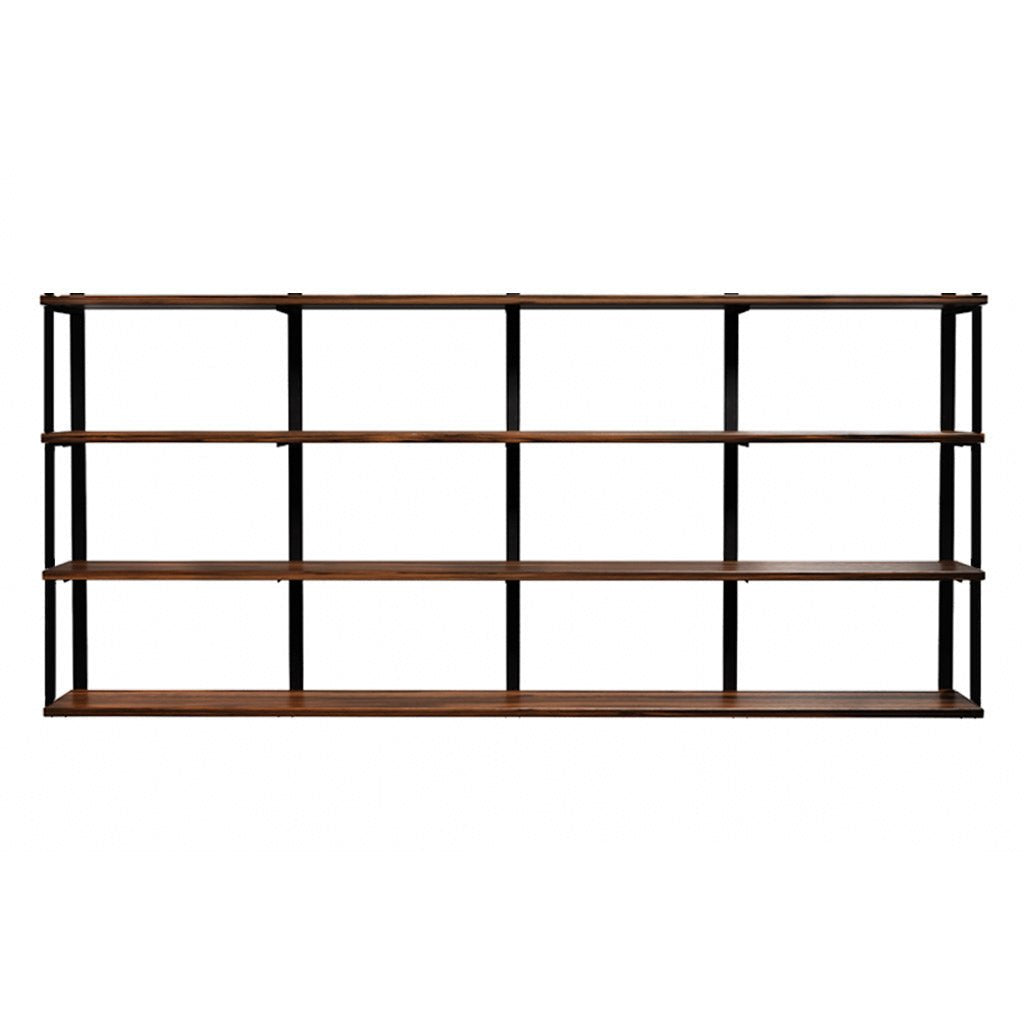 wall mount shelving unit with 4 shelves. Heavy-duty custom bookshelves with solid black walnut shelves and brass shelf brackets. 96" long shelves with 5 wall brackets by Vault FUrniture