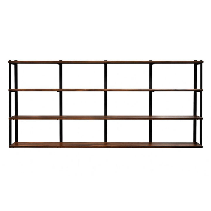 wall mount shelving unit with 4 shelves. Heavy-duty custom bookshelves with solid black walnut shelves and brass shelf brackets. 96" long shelves with 5 wall brackets by Vault FUrniture