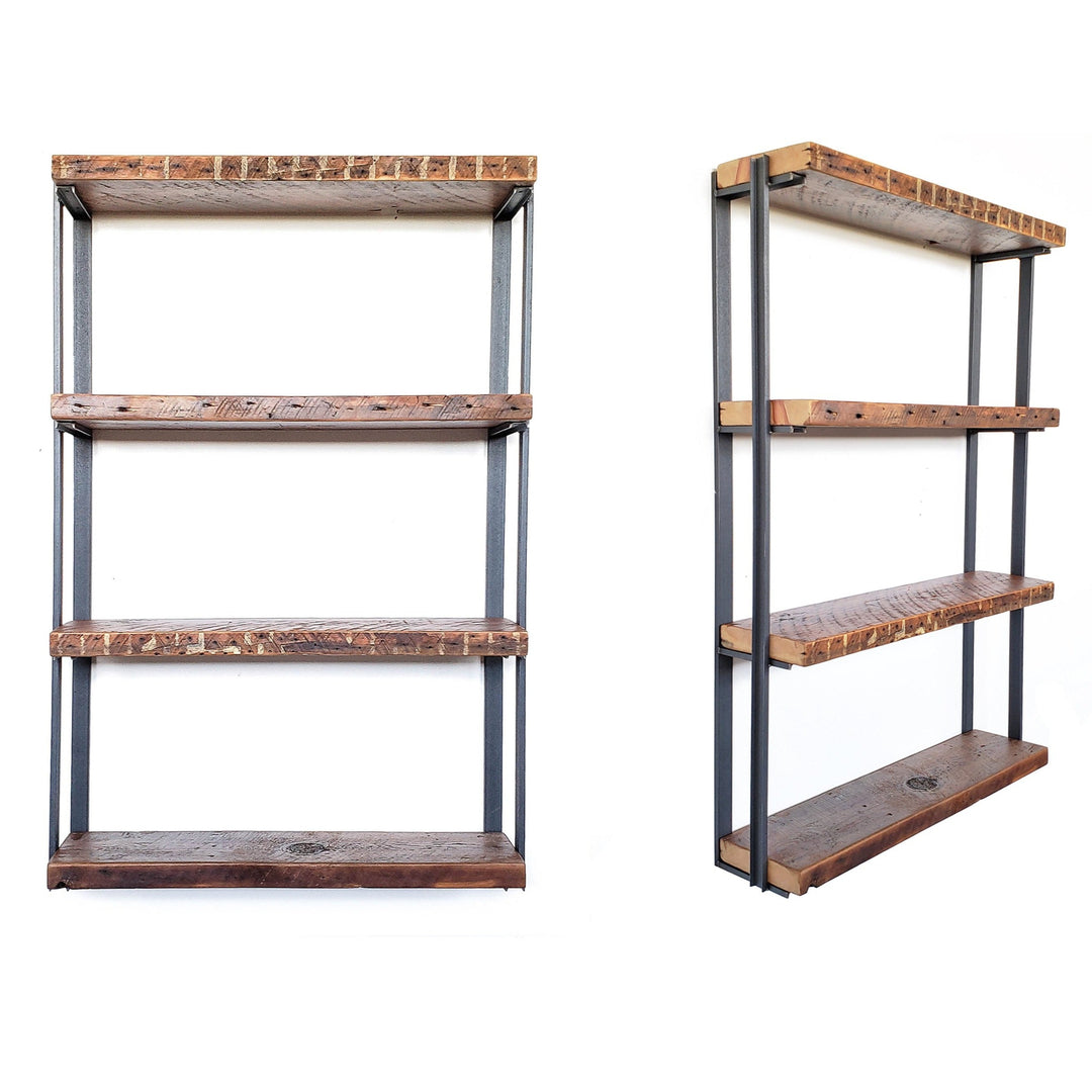 wall mount bookshelf. heavy duty metal shelf brackets with bookend details. reclaimed wood bookshelf with solid steel channel brackets handmade in USA