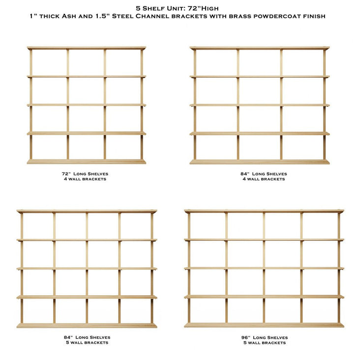 Wall mount shelving unit sizes in Ash and brass by Vault Furniture