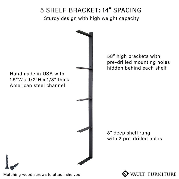 5 shelf bracket 58" high solid steel with black finish by Vault Furniture.