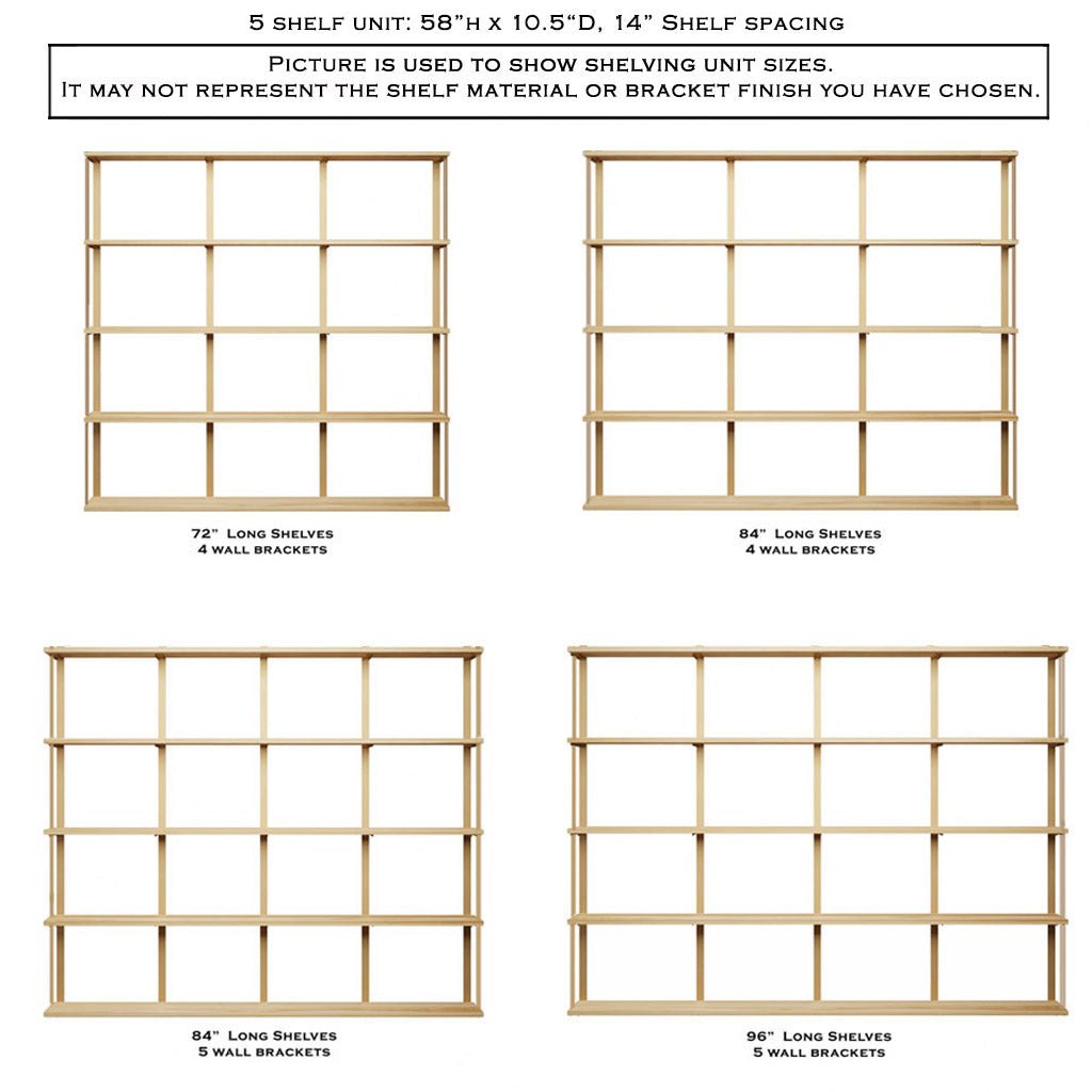 Large wall mounted shelving, 58" High 5 shelf unit by Vault Furniture