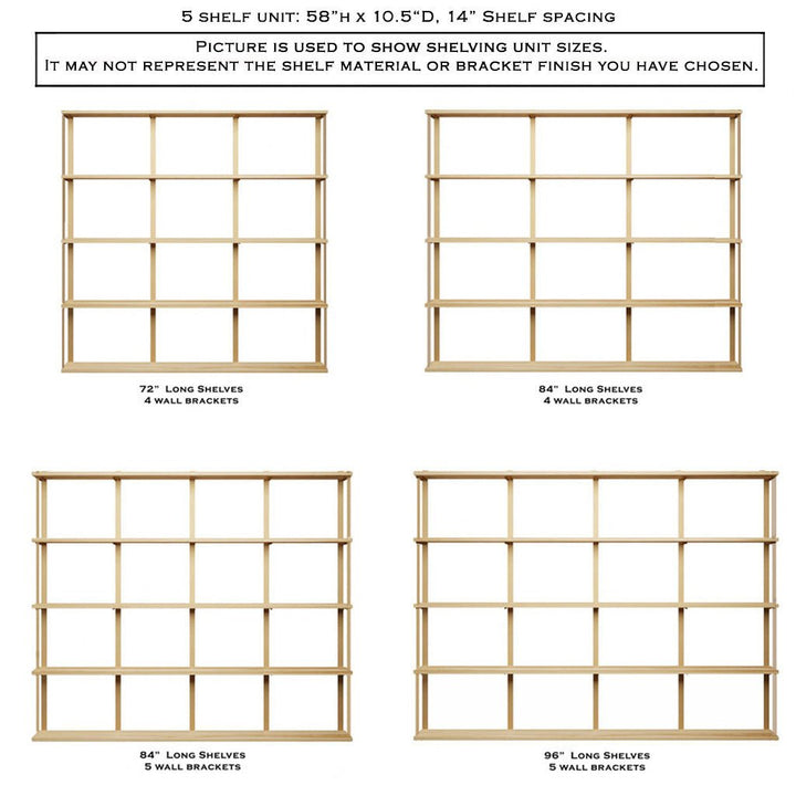 Large wall mounted shelving, 58" High 5 shelf unit by Vault Furniture