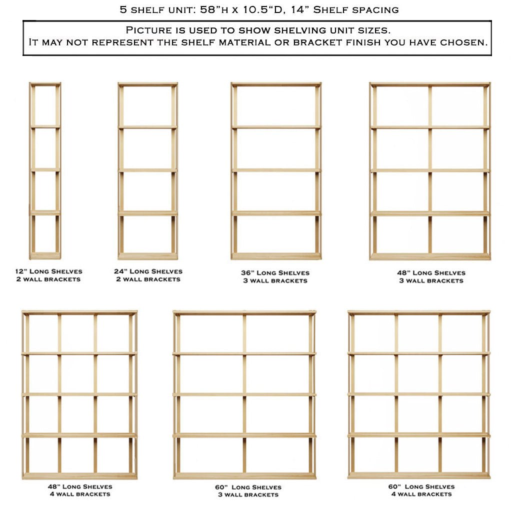 Large wall mounted shelving, 58" High 5 shelf unit by Vault Furniture