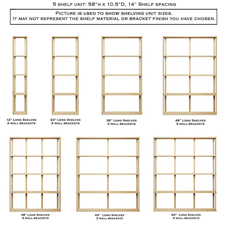 Large wall mounted shelving, 58" High 5 shelf unit by Vault Furniture