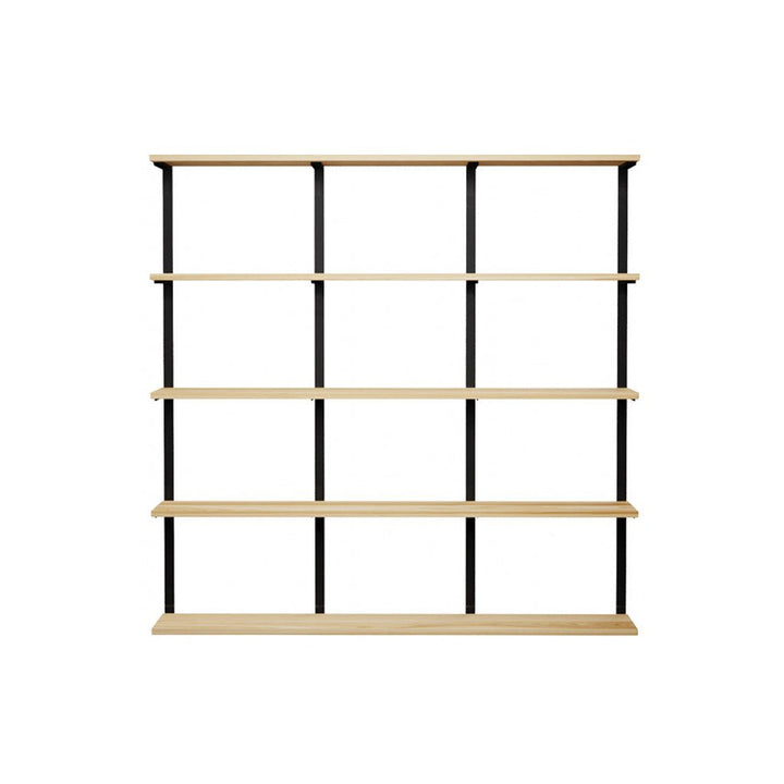 5 tier wood shelves with black steel wall brackets by Vault Furniture. 72"x72"