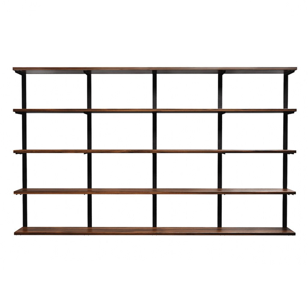 wall mounted shelving unit with black walnut shelves and heavy duty black steel shelf brackets. 5 shelf unit 96" Long and 58" high by Vault Furniture
