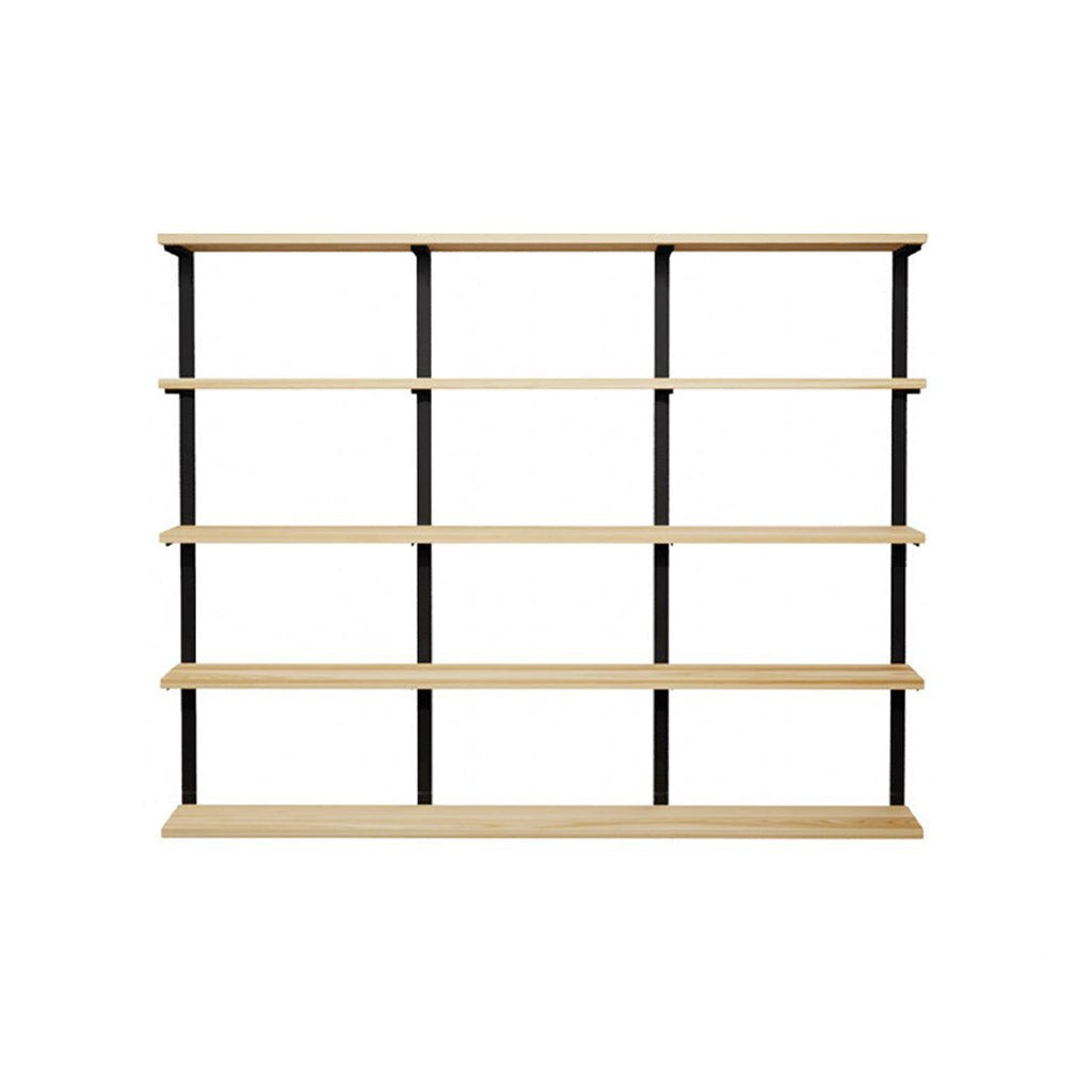 wall mounted shelving unit with ash shelves and heavy duty black steel shelf brackets. 5 shelf unit 72" Long and 58" high with 4 wall brackets by Vault Furniture