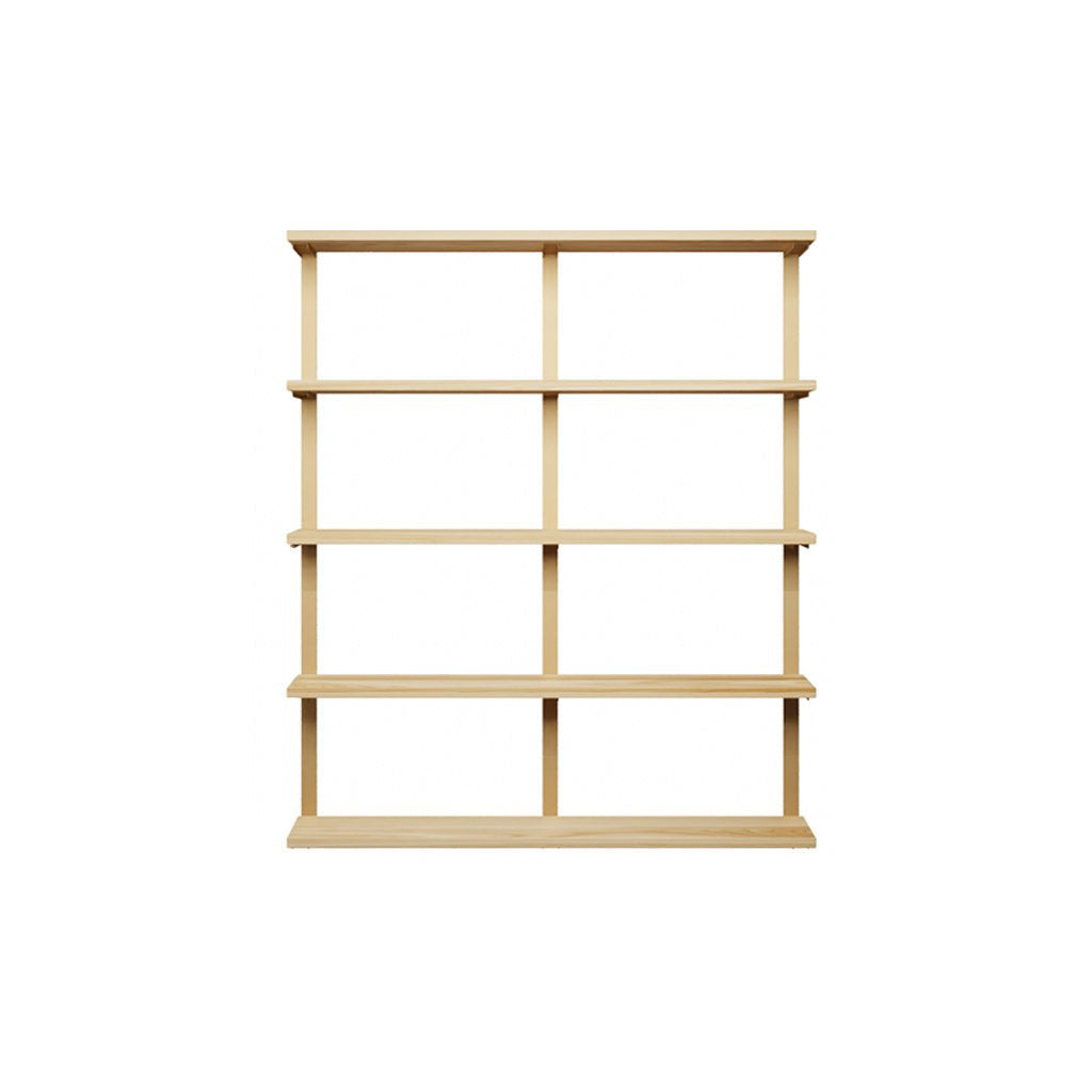 wall mounted shelving unit with ash shelves and heavy duty brass shelf brackets. 5 shelf unit 48" Long and 58" high by Vault Furniture