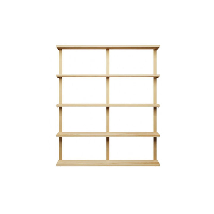 wall mounted shelving unit with ash shelves and heavy duty brass shelf brackets. 5 shelf unit 48" Long and 58" high by Vault Furniture