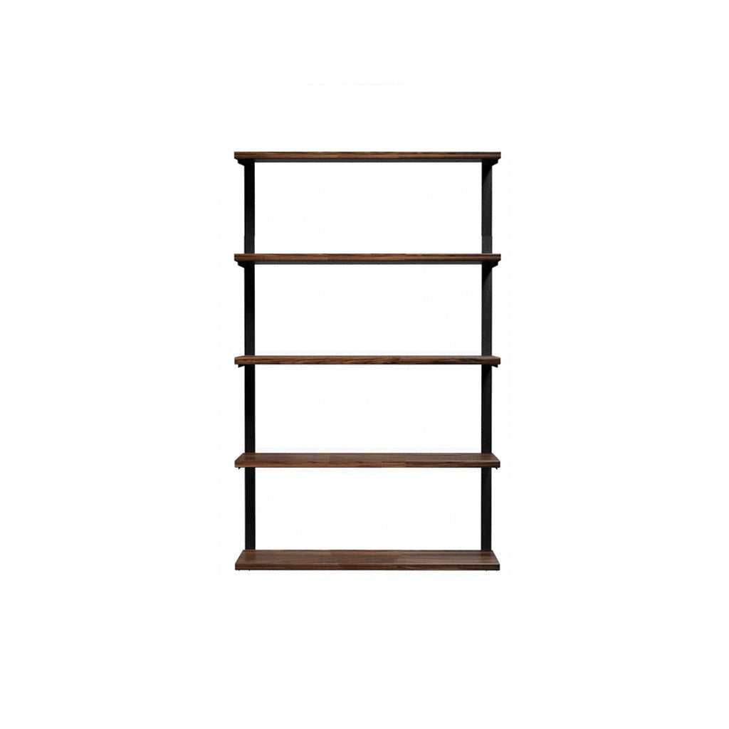 wall mounted shelving unit with black walnut shelves and heavy duty brass shelf brackets. 5 shelf unit 36" Long and 58" high by Vault Furniture