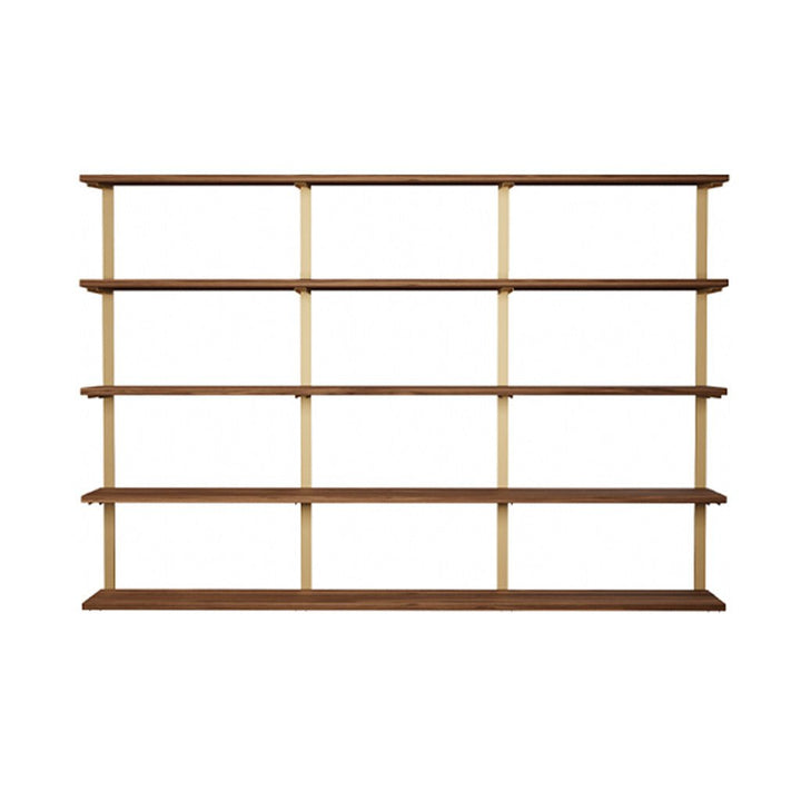 large wall mounted bookshelf unit with black walnut shelves and heavy duty brass shelf brackets. 5 shelf unit 84" Long and 58" high by Vault Furniture