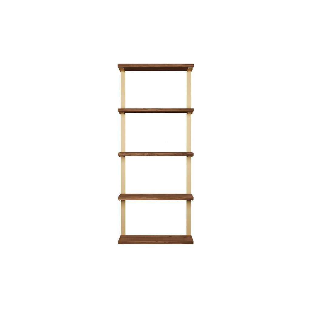 wall mounted shelving unit with black walnut shelves and heavy duty brass shelf brackets. 5 shelf unit 24" Long and 58" high by Vault Furniture