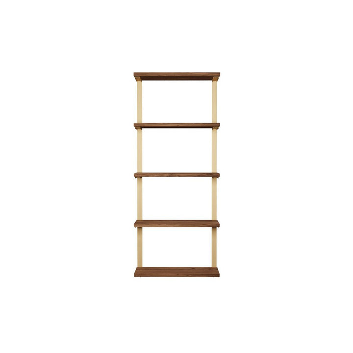 wall mounted shelving unit with black walnut shelves and heavy duty brass shelf brackets. 5 shelf unit 24" Long and 58" high by Vault Furniture