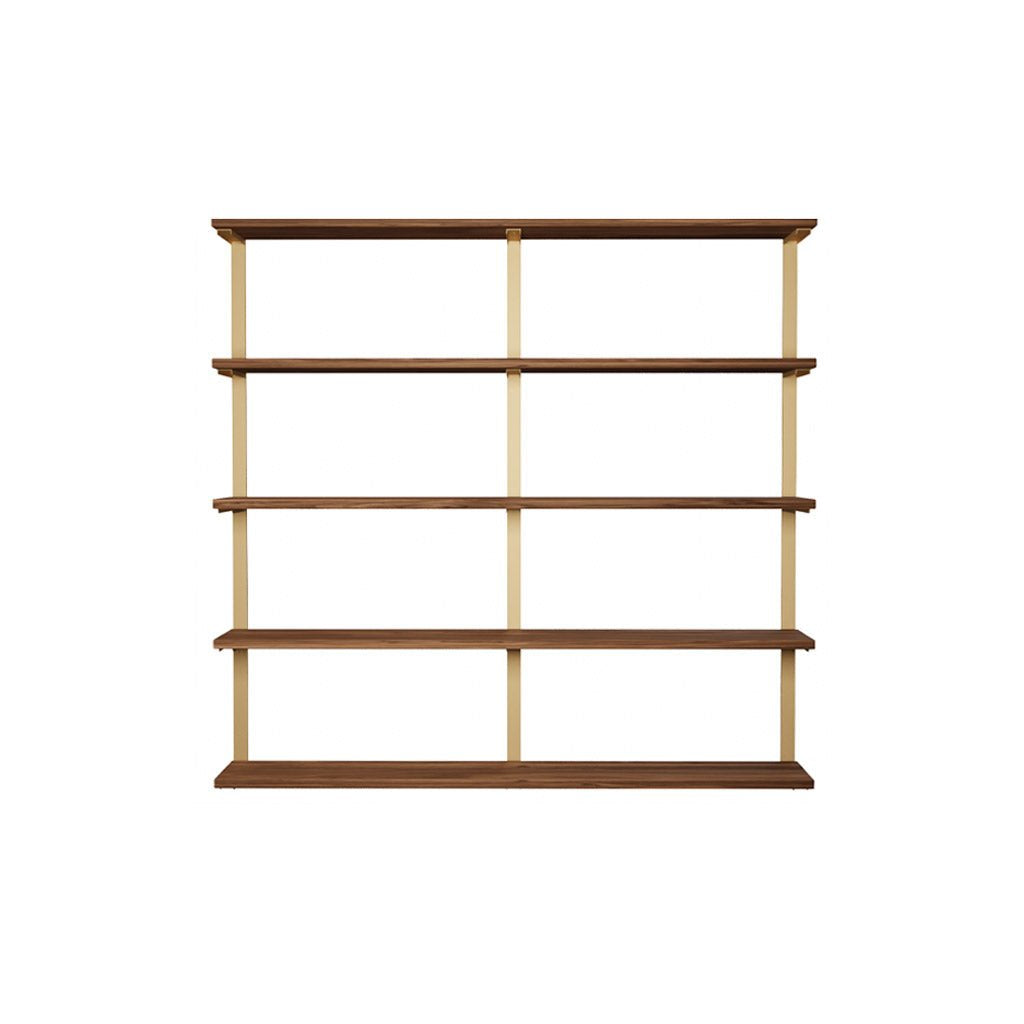 wall mounted shelving unit with solid black walnut shelves and heavy duty brass shelf brackets. 5 shelf unit 24" Long and 58" high by Vault Furniture