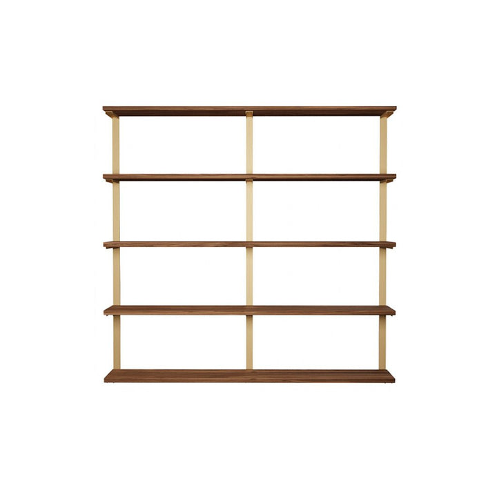 wall mounted shelving unit with solid black walnut shelves and heavy duty brass shelf brackets. 5 shelf unit 24" Long and 58" high by Vault Furniture