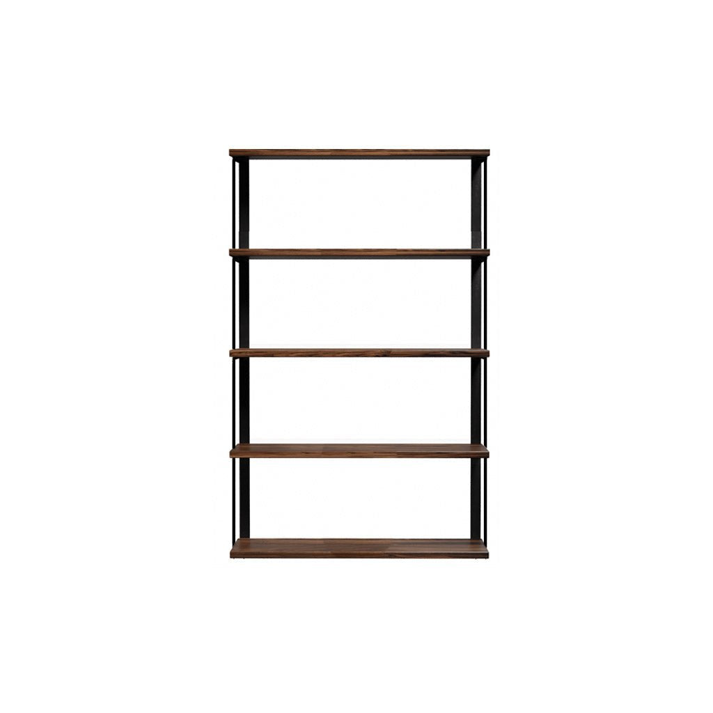 heavy-duty wall mounted shelving unit. custom bookshelves in black walnut with black steel shelf brackets. 36" long shelves with 2 wall brackets by Vault FUrniture