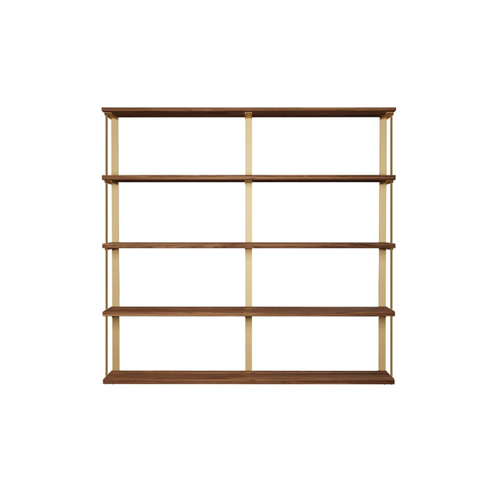 heavy-duty wall mounted shelving unit. custom bookshelves in black walnut with brass shelf brackets. 36" long shelves with 2 wall brackets by Vault FUrniture