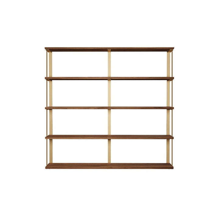 heavy-duty wall mounted shelving unit. custom bookshelves in black walnut with brass shelf brackets. 36" long shelves with 2 wall brackets by Vault FUrniture