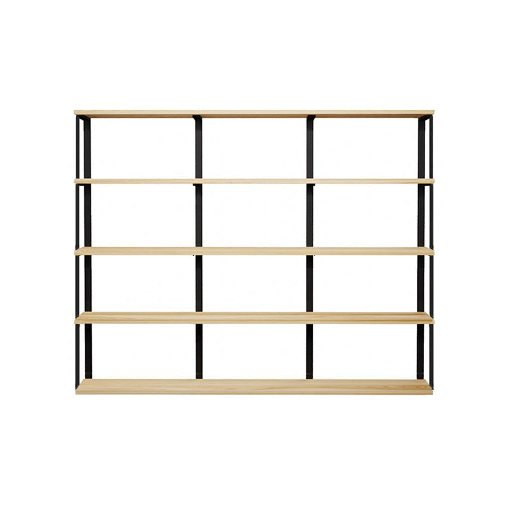 heavy-duty wall mounted shelving unit. custom bookshelves in ash with black steel shelf brackets 72" long shelves with 4 wall brackets by Vault FUrniture