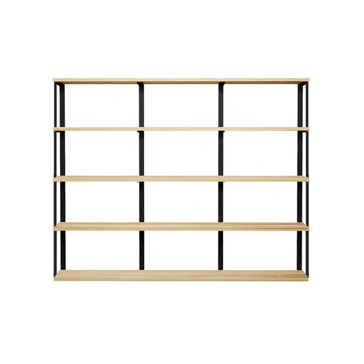 heavy-duty wall mounted shelving unit. custom bookshelves in ash with black steel shelf brackets 72" long shelves with 4 wall brackets by Vault FUrniture