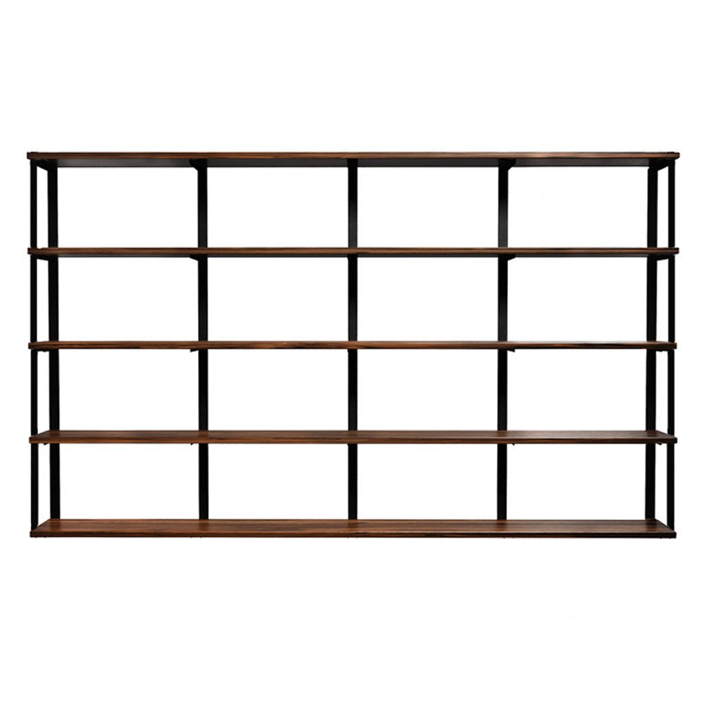 heavy-duty wall mounted shelving unit. custom bookshelves in black walnut with black steel shelf brackets. 96" long shelves with 5wall brackets by Vault FUrniture