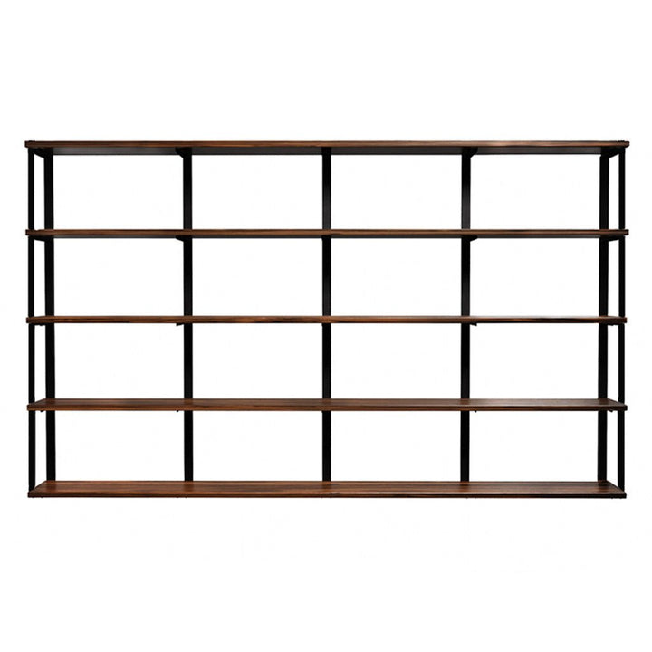 heavy-duty wall mounted shelving unit. custom bookshelves in black walnut with black steel shelf brackets. 96" long shelves with 5wall brackets by Vault FUrniture