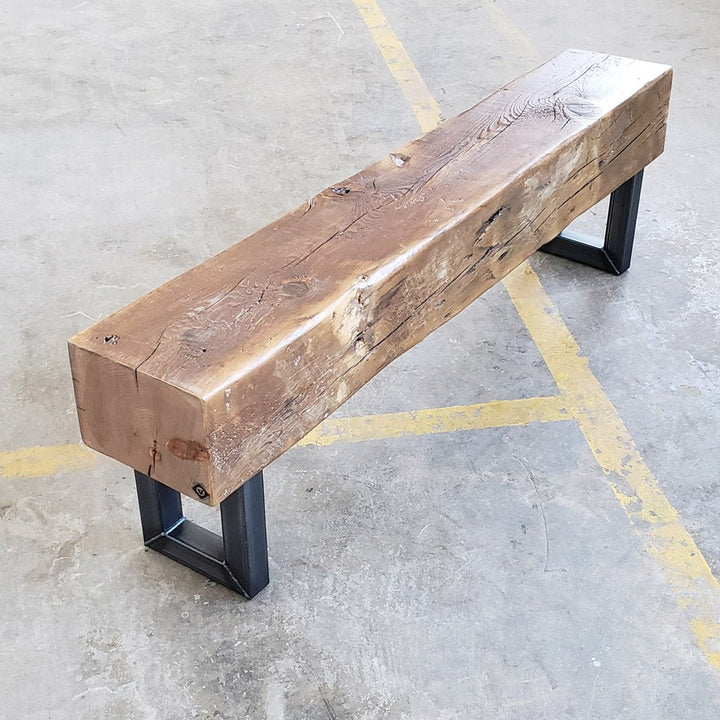 Reclaimed Beam Bench with Square Steel Legs