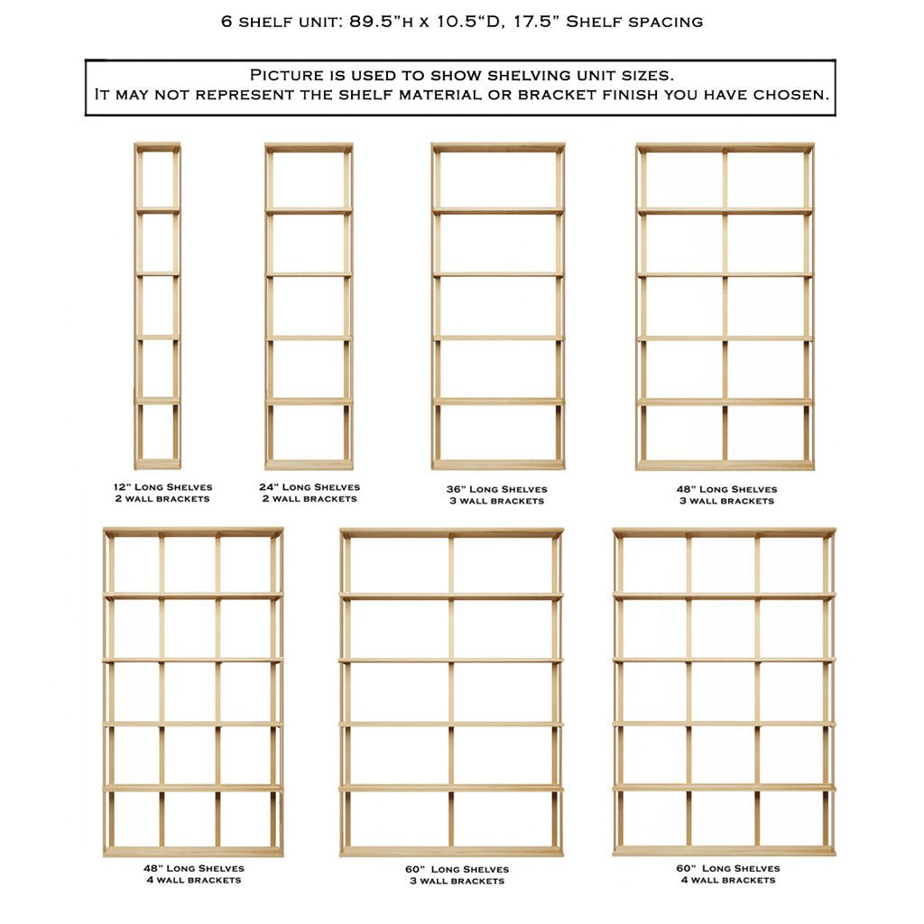 Large 6 tier wall mounted shelving with bookend detail by Vault Furniture