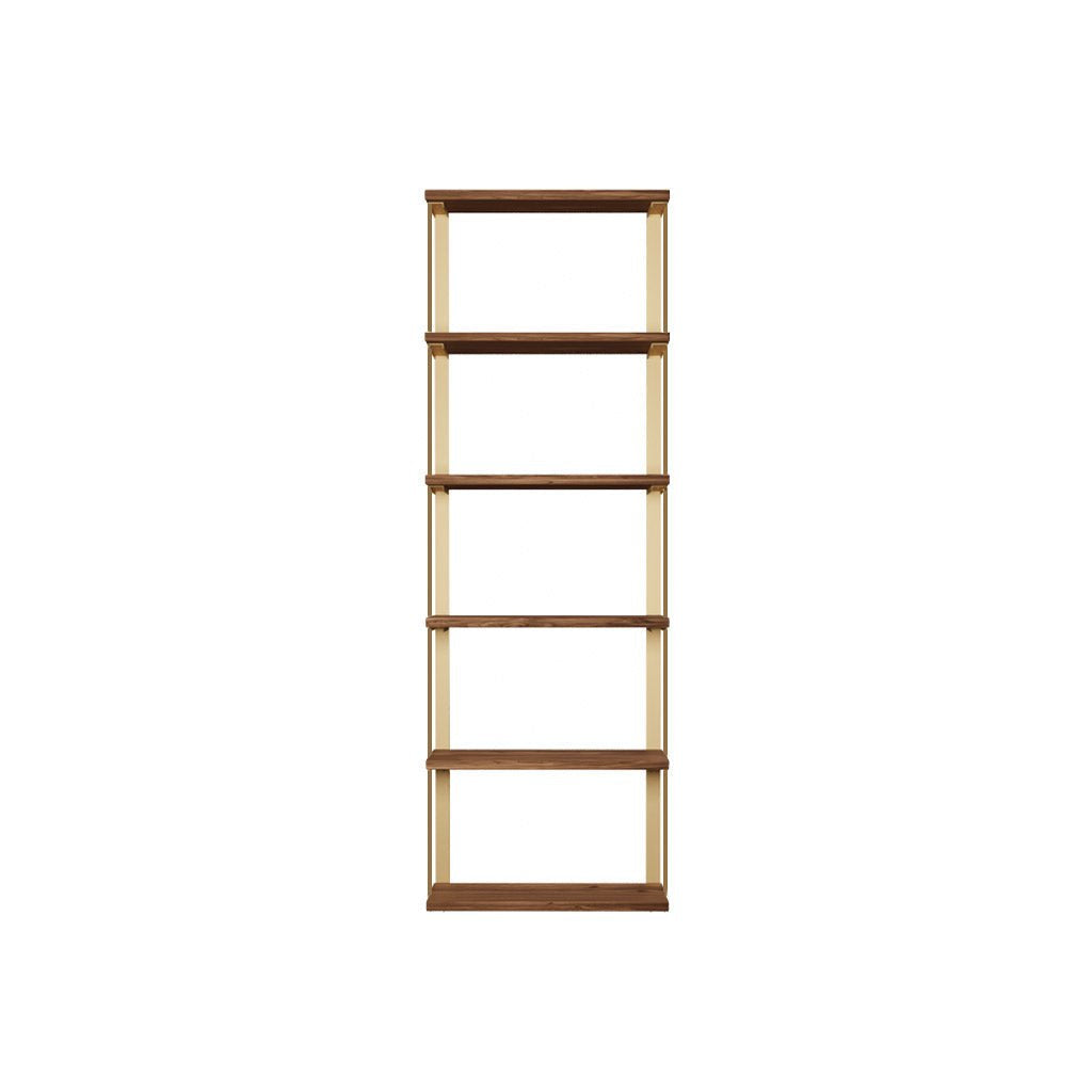 Wall mounted shelving unit. 6 floating shelves with heavy duty shelf brackets. solid wood shelving in black walnut with brass powder coat finish on the brackets. handmade in USA by Vault Furniture