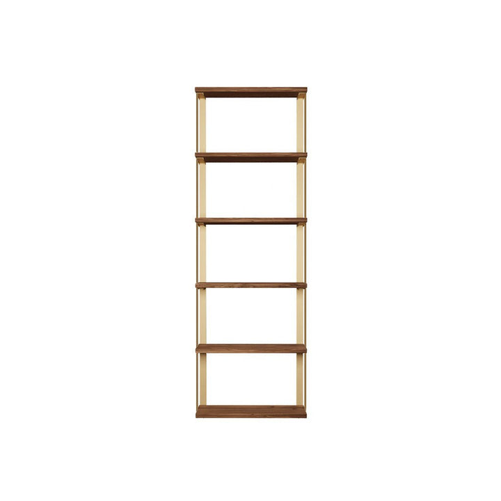 Wall mounted shelving unit. 6 floating shelves with heavy duty shelf brackets. solid wood shelving in black walnut with brass powder coat finish on the brackets. handmade in USA by Vault Furniture