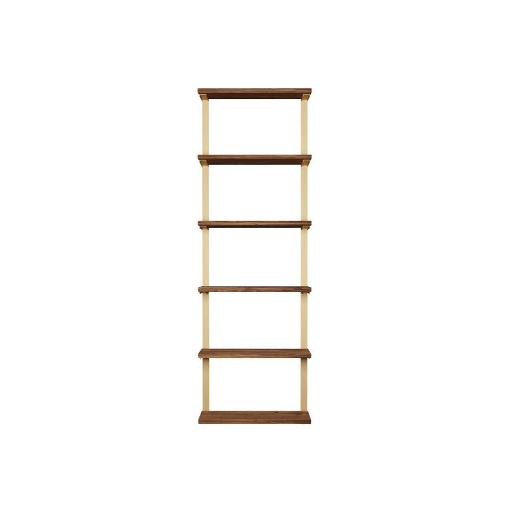 tall floating shelves. wall mount shelving unit with black walnut shelves and heavy duty steel brackets. Brass powder coat finish