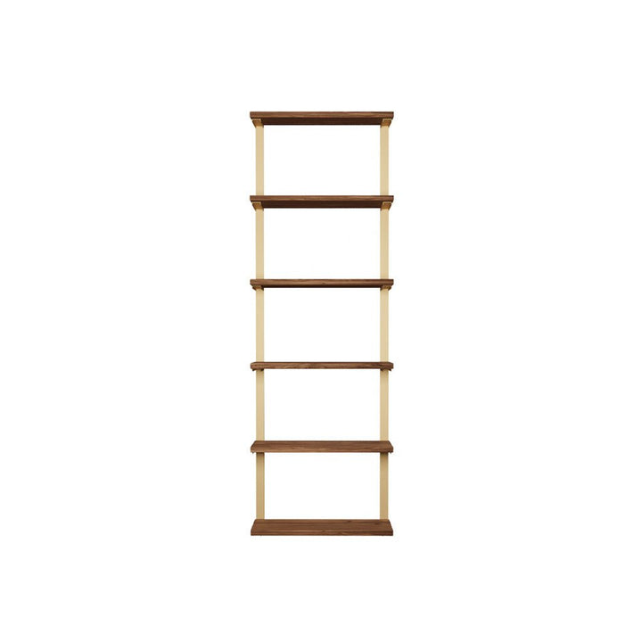 tall floating shelves. wall mount shelving unit with black walnut shelves and heavy duty steel brackets. Brass powder coat finish