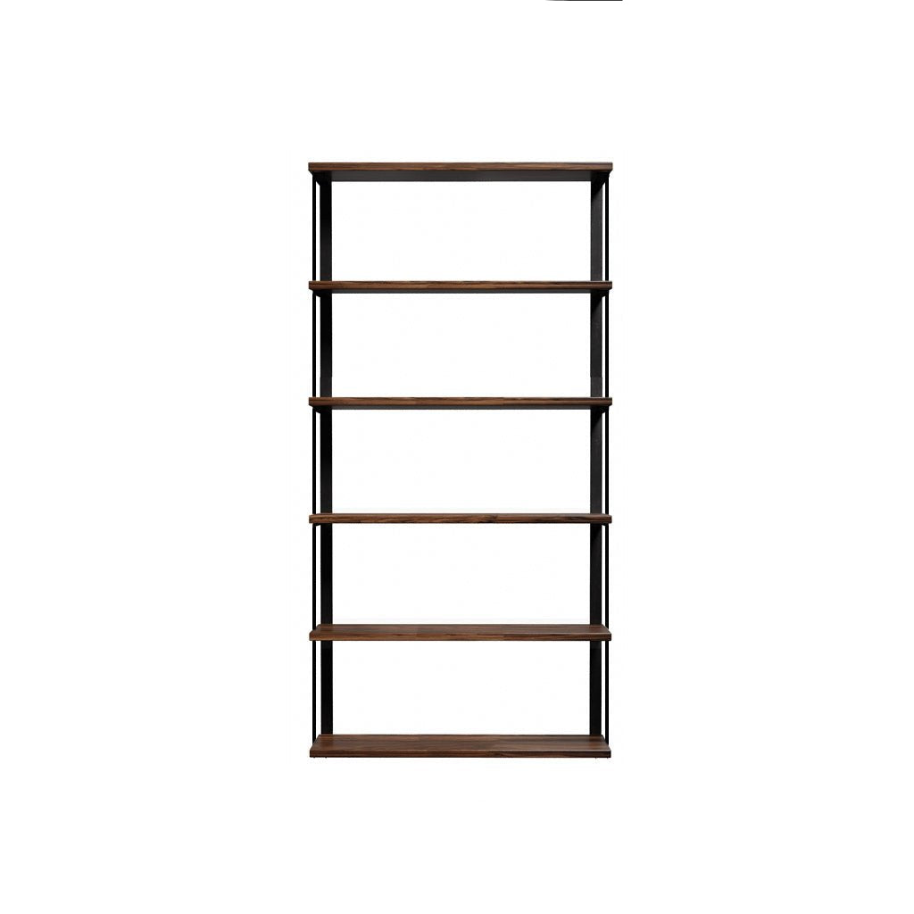 36" long wood shelves 72" high solid steel bookshelf brackets. Wall mounted shelving unit. 6 floating shelves with heavy duty shelf brackets. solid wood shelving in black walnut with black powder coat finish on the brackets. handmade in USA by Vault Furniture