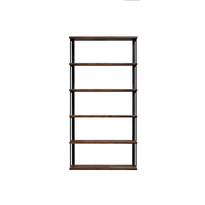 36" long wood shelves 72" high solid steel bookshelf brackets. Wall mounted shelving unit. 6 floating shelves with heavy duty shelf brackets. solid wood shelving in black walnut with black powder coat finish on the brackets. handmade in USA by Vault Furniture