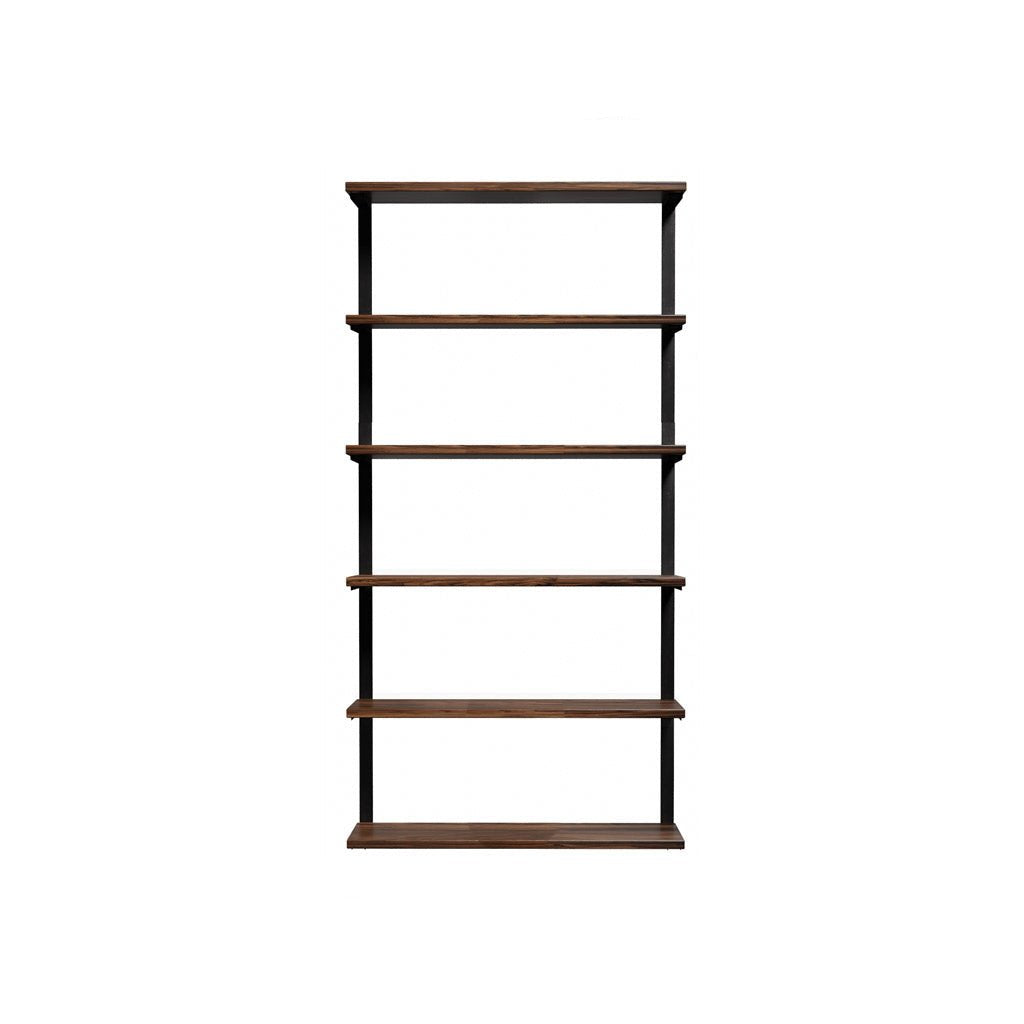 wall mounted shelving unit. tall shelving unit with black walnut shelves and solid steel black floating shelf brackets.
