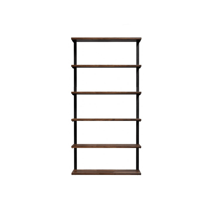 wall mounted shelving unit. tall shelving unit with black walnut shelves and solid steel black floating shelf brackets.