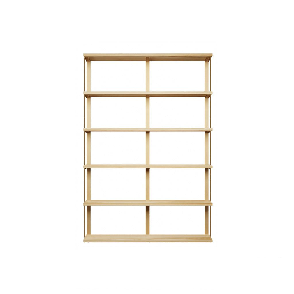 Wall mounted shelving unit with 48" long solid wood shelves, 72" high solid American steel bookshelf brackets with bookend detail.  6 floating shelves with heavy-duty shelf brackets. Ash, light wood shelving with brass powder coat finish on the brackets. handmade in USA by Vault Furniture