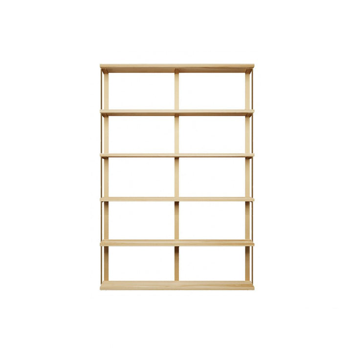 Wall mounted shelving unit with 48" long solid wood shelves, 72" high solid American steel bookshelf brackets with bookend detail.  6 floating shelves with heavy-duty shelf brackets. Ash, light wood shelving with brass powder coat finish on the brackets. handmade in USA by Vault Furniture