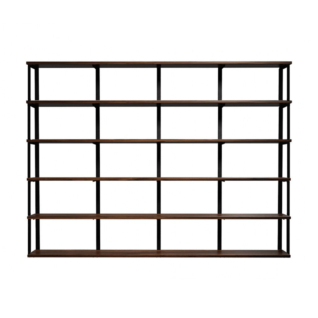 Large Wall mounted shelving unit with 96" long solid ash wood shelves, 72" high solid American steel bookshelf brackets with bookend detail.  6 floating wood shelves with heavy-duty bookshelf brackets. black walnut, dark wood shelving with black powder coat finish on the shelf brackets. handmade in USA by Vault Furniture