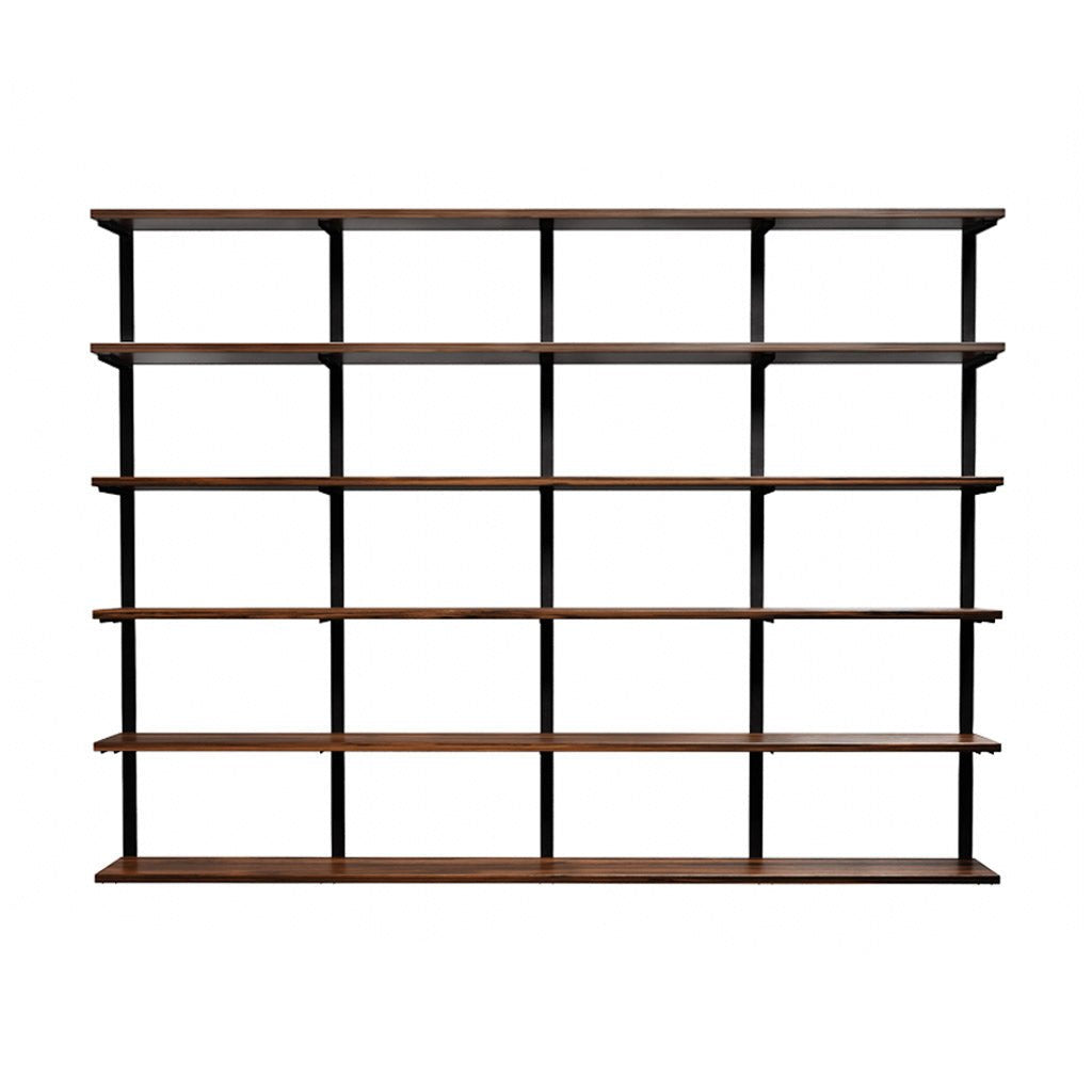 large wall mounted shelving unit. tall bookshelf shelving unit with black walnut shelves and solid steel black floating shelf brackets. custom made wall shelves by Vault FUrniture